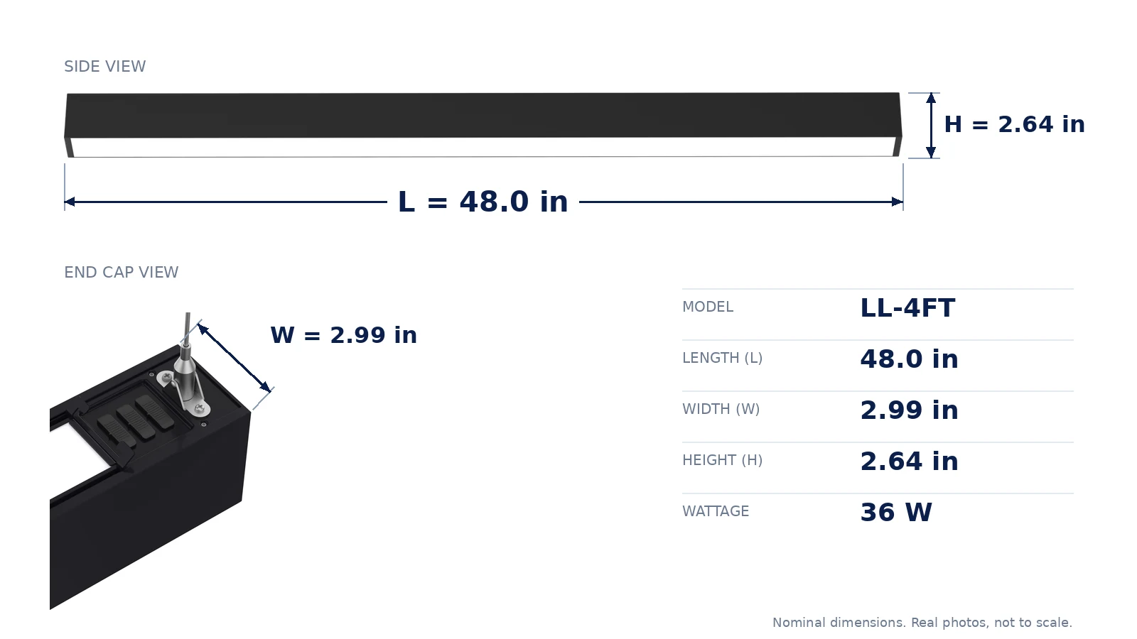 Linear LL-4FT dimensions: 48.0 in long, 2.99 in wide, 2.64 in tall