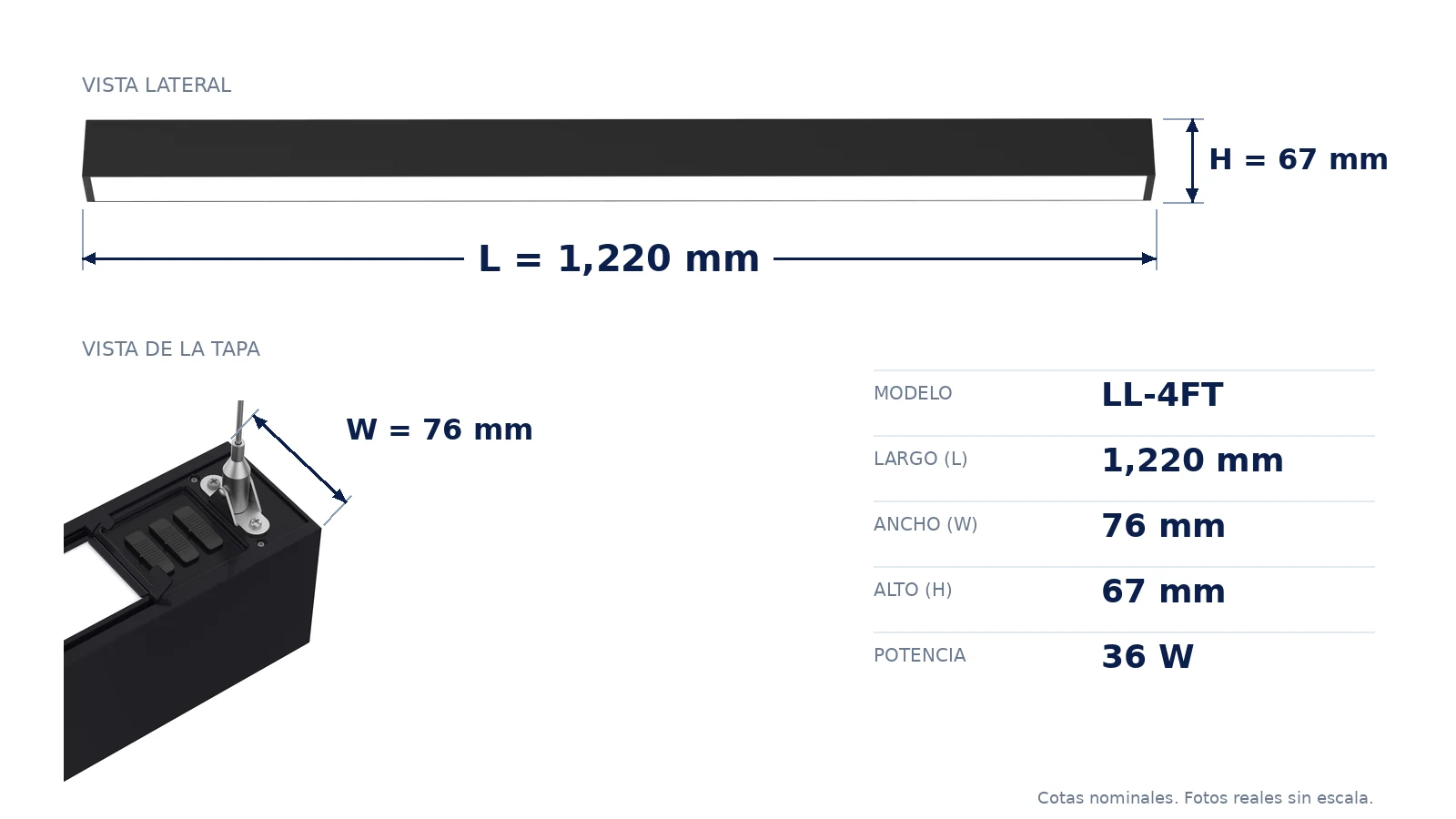 Dimensiones de la Linear LL-4FT: largo 1,220 mm, ancho 76 mm, alto 67 mm