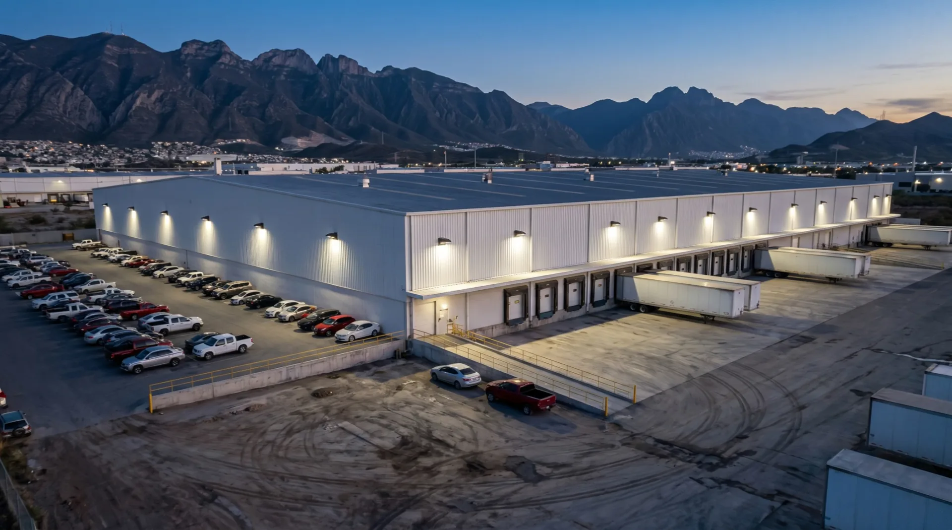 Vista aérea de una planta industrial iluminada con Wall Pack Industrial