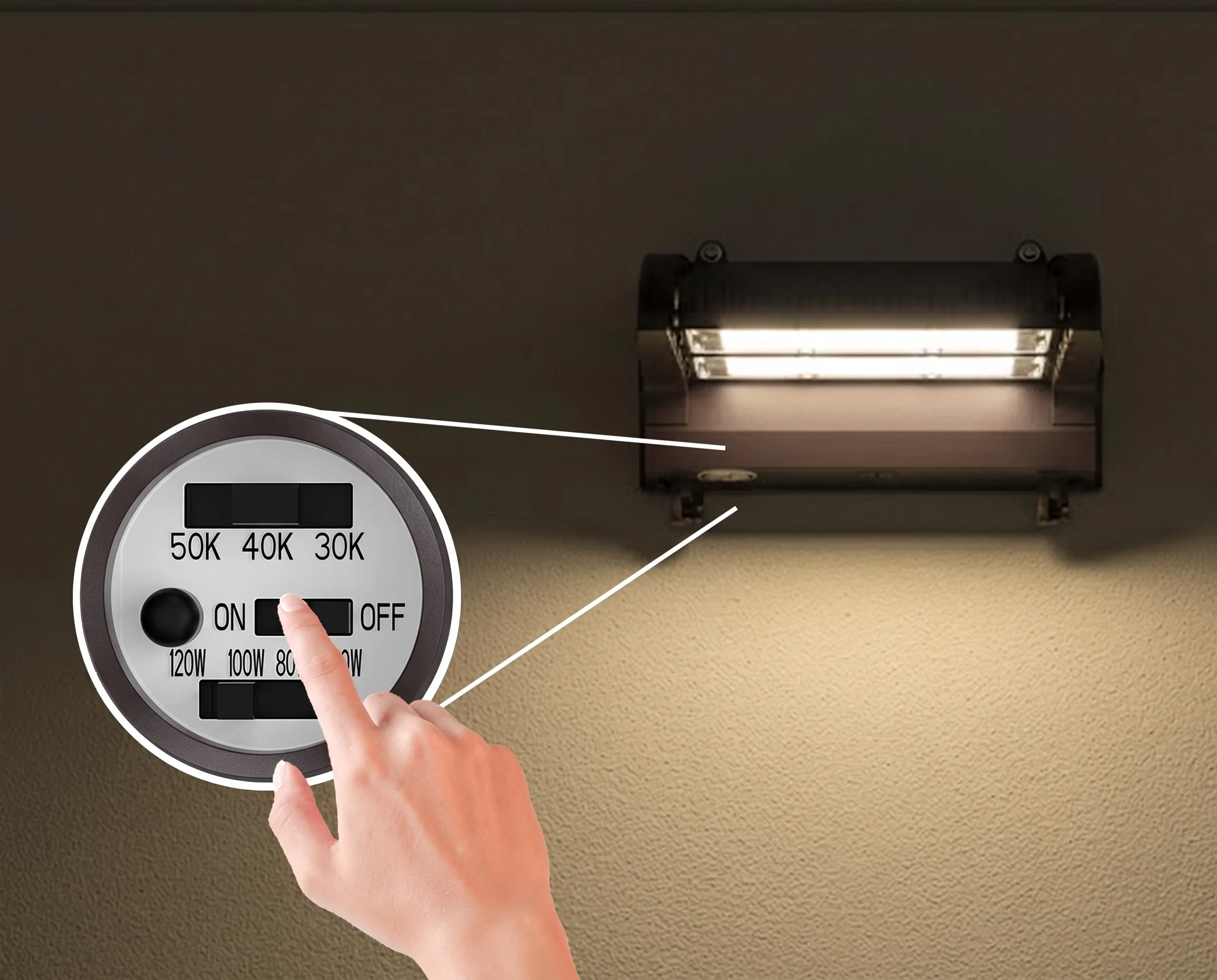 Switch 3 en 1 de la Wall Pack Industrial: potencia, CCT y fotocelda